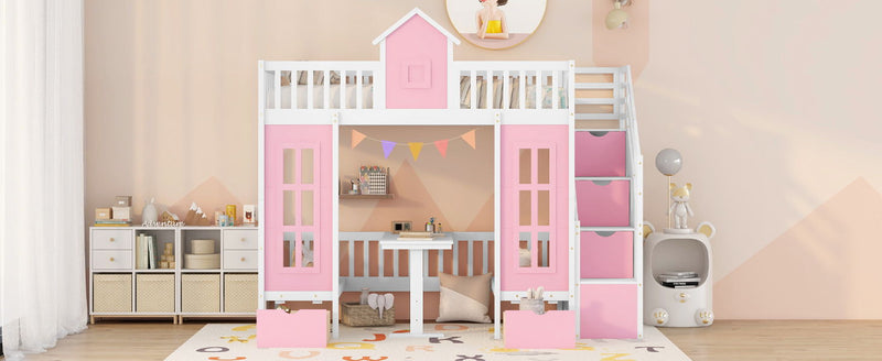 DreamHaus twin over twin bunk bed with changeable table, featuring upper bed and down desk for versatile sleeping and workspace.