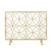 Noble House Thayer single panel iron fireplace screen with geometric design, featuring black metal framing and decorative cut-outs.