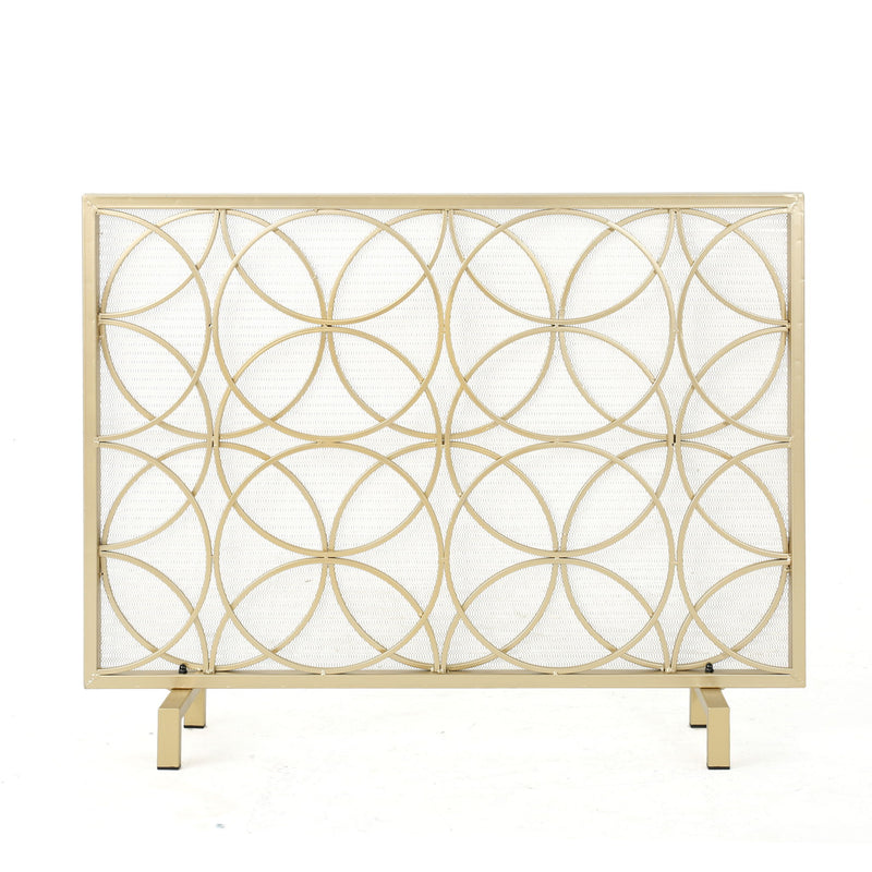 Noble House Thayer single panel iron fireplace screen with geometric design, featuring black metal framing and decorative cut-outs.