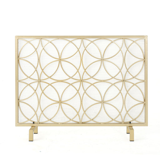 Noble House Thayer single panel iron fireplace screen with geometric design, featuring black metal framing and decorative cut-outs.