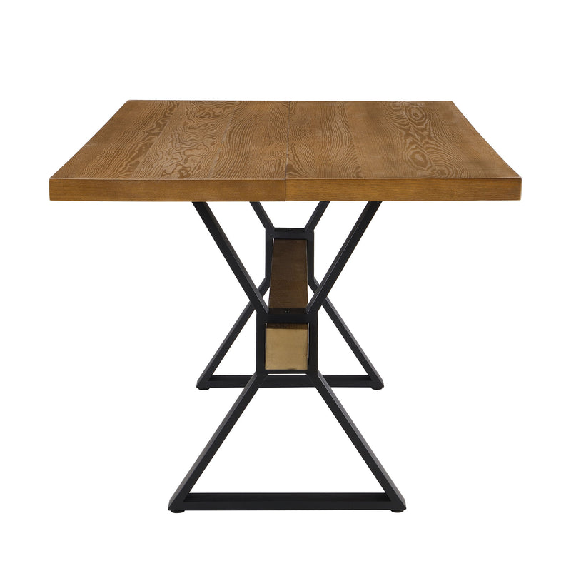 Brown farmhouse style dining table with X-shaped legs and moulded details by Noble House, showcasing a sturdy wood design.
