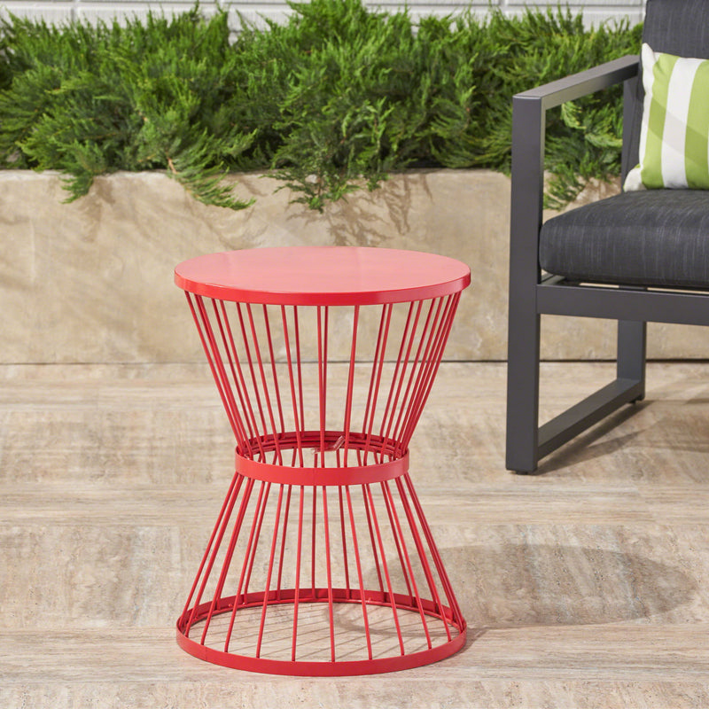Modern outdoor side table by Noble House with an elegant hourglass design, featuring a sleek, contemporary look for patio or garden use.