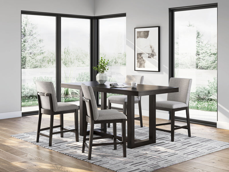 Dark grayish brown 5-piece dining set with rectangular counter table and four matching barstools by Signature Design Ashley.