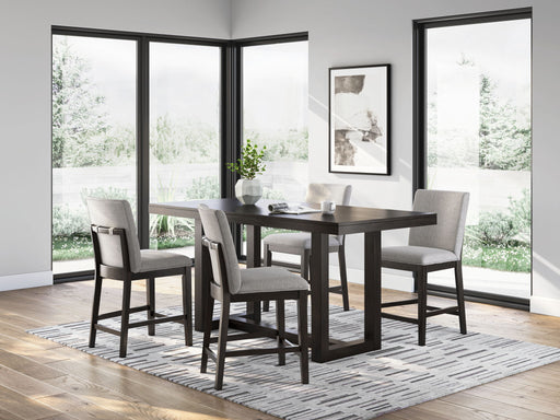 Dark grayish brown 5-piece dining set with rectangular counter table and four matching barstools by Signature Design Ashley.