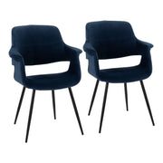 Set of two Lumi Source vintage flair Art Deco accent chairs with black metal legs, upholstered in blue or cream fabric.