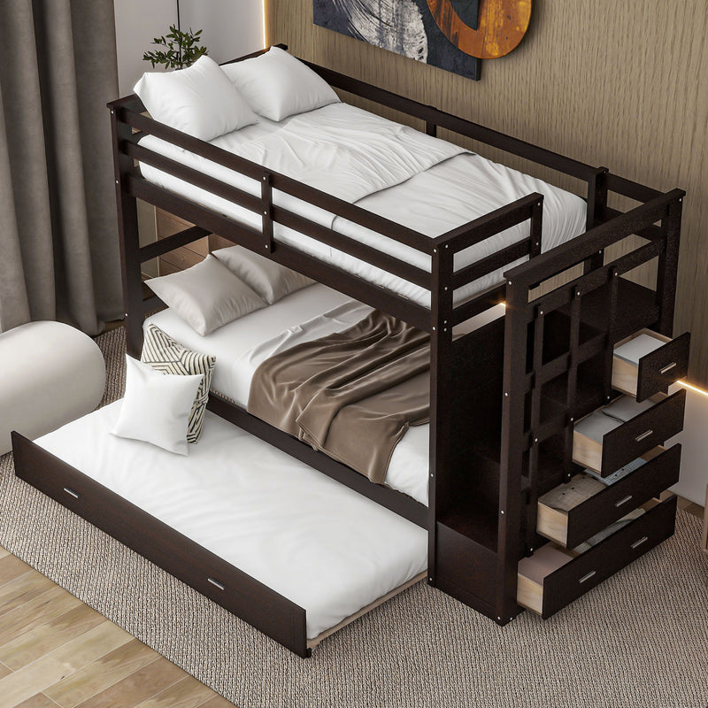 DreamHaus bunk bed with trundle and staircase, featuring sturdy wood construction and space-saving design for kids' bedrooms.