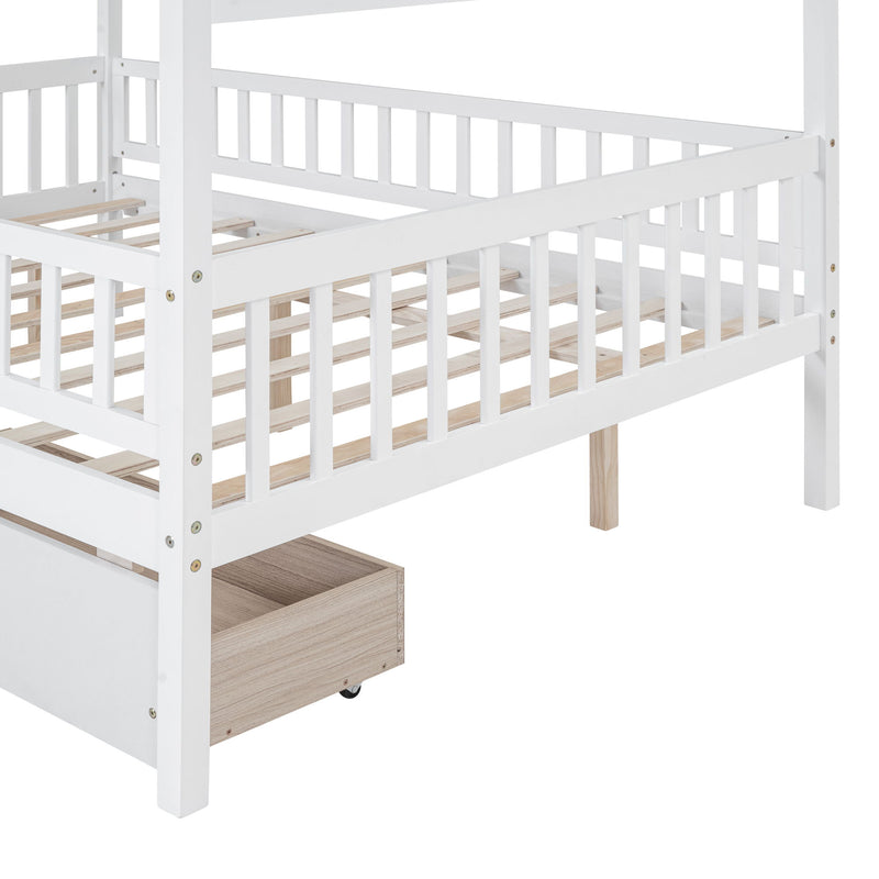 DreamHaus house bed with two storage drawers, wooden frame and cozy house-shaped design, ideal for children's bedroom storage.
