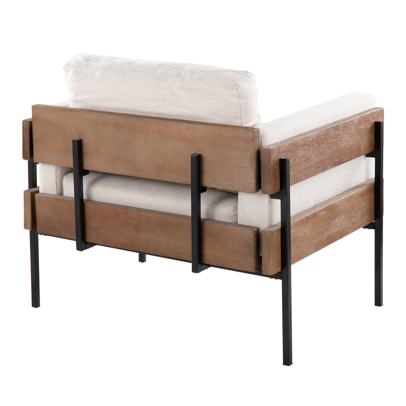 Lumi Source Kari farmhouse design accent chair with wooden legs and plush fabric upholstery, showcasing a stylish, comfortable seating option.