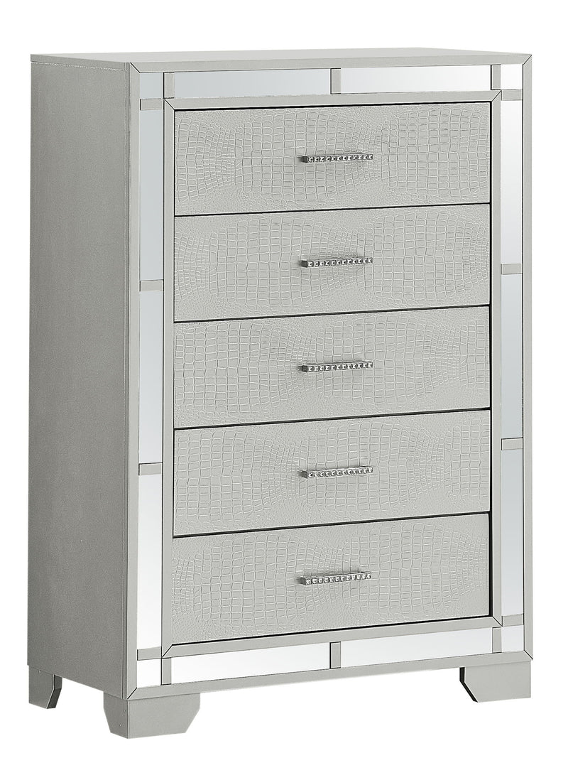 Silver champagne finish Madison Accent Chest by Glory Furniture, showcasing a stylish wooden storage cabinet with sleek design.
