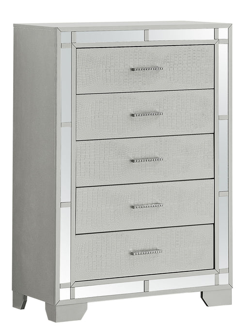 Silver champagne finish Madison Accent Chest by Glory Furniture, showcasing a stylish wooden storage cabinet with sleek design.