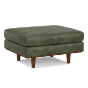 Simpli-Home Morrison handcrafted upholstered ottoman with a plush fabric top and wooden legs, versatile for living room decor.