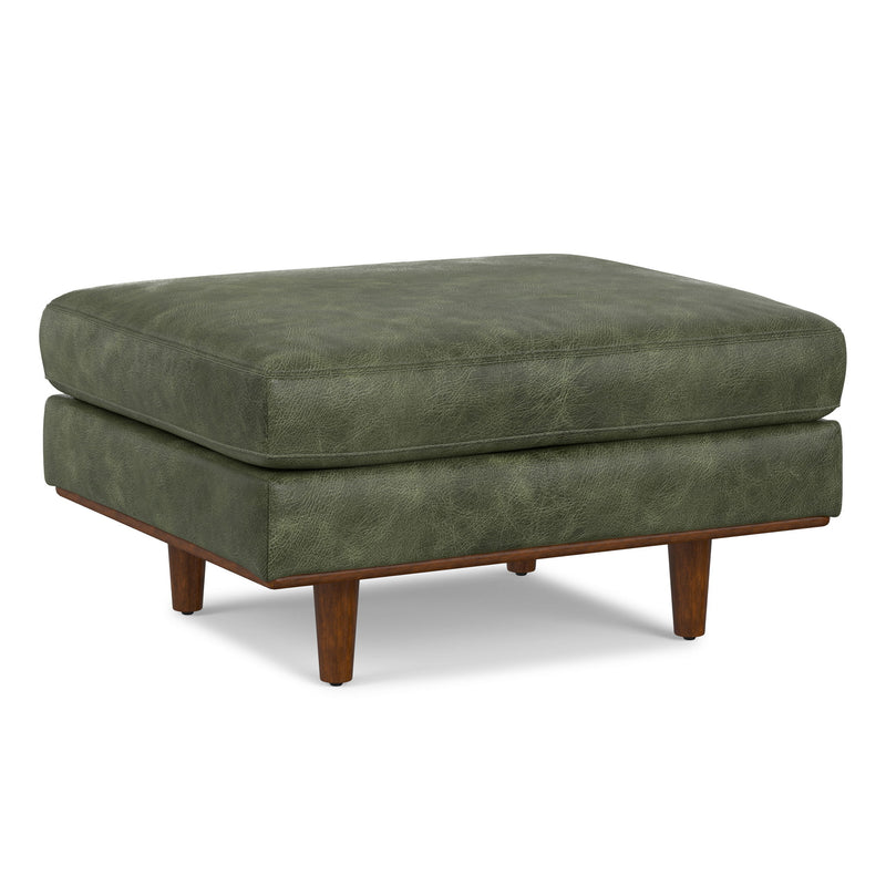 Simpli-Home Morrison handcrafted upholstered ottoman with a plush fabric top and wooden legs, versatile for living room decor.