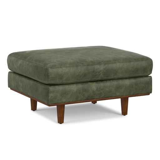 Simpli-Home Morrison handcrafted upholstered ottoman with a plush fabric top and wooden legs, versatile for living room decor.