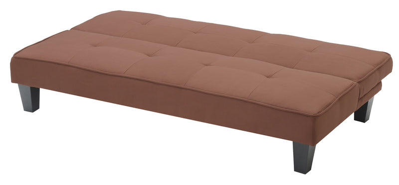 Glory Furniture Alan futon sofa bed with plush fabric, shown in open and closed positions for versatile living room seating and sleeping.