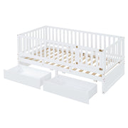 DreamHaus storage daybed with fence guardrails, two drawers, convertible into floor bed and daybed, ideal for versatile bedroom use