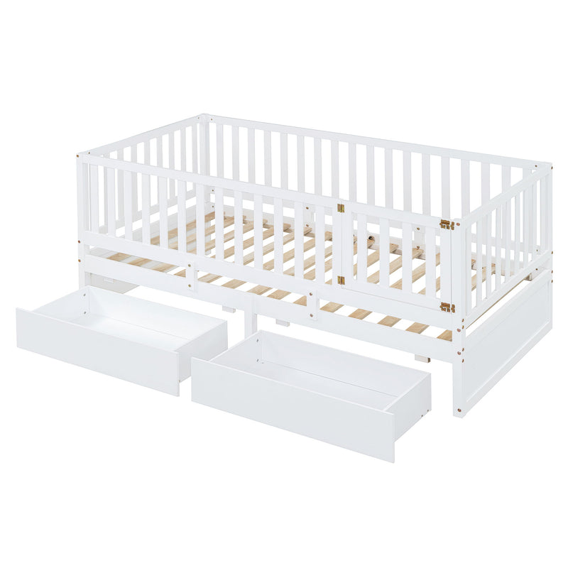 DreamHaus storage daybed with fence guardrails, two drawers, convertible into floor bed and daybed, ideal for versatile bedroom use