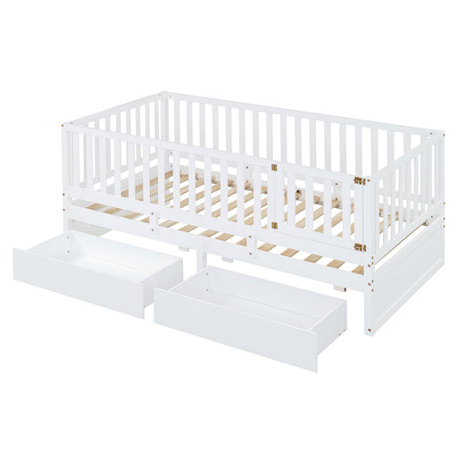 DreamHaus storage daybed with fence guardrails, two drawers, convertible into floor bed and daybed, ideal for versatile bedroom use