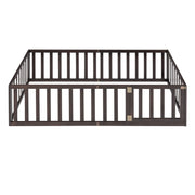 DreamHaus twin size floor bed frame with fence and door in walnut finish, showcasing a modern panel bed with safety features