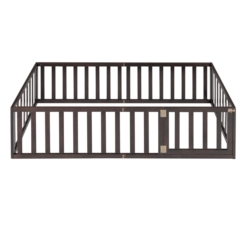 DreamHaus twin size floor bed frame with fence and door in walnut finish, showcasing a modern panel bed with safety features