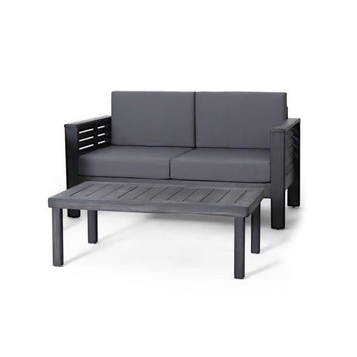 Noble House acacia wood outdoor loveseat and coffee table set with cushions, four-piece patio furniture for outdoor seating.