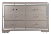Elegant silver champagne dresser from Glory Furniture's Alana collection, showcasing a modern dresser with sleek design and metallic finish.