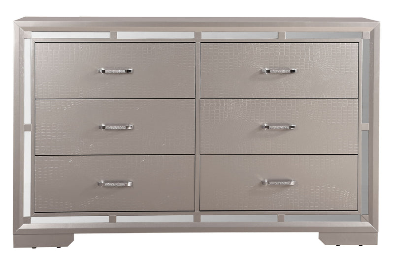 Elegant silver champagne dresser from Glory Furniture's Alana collection, showcasing a modern dresser with sleek design and metallic finish.