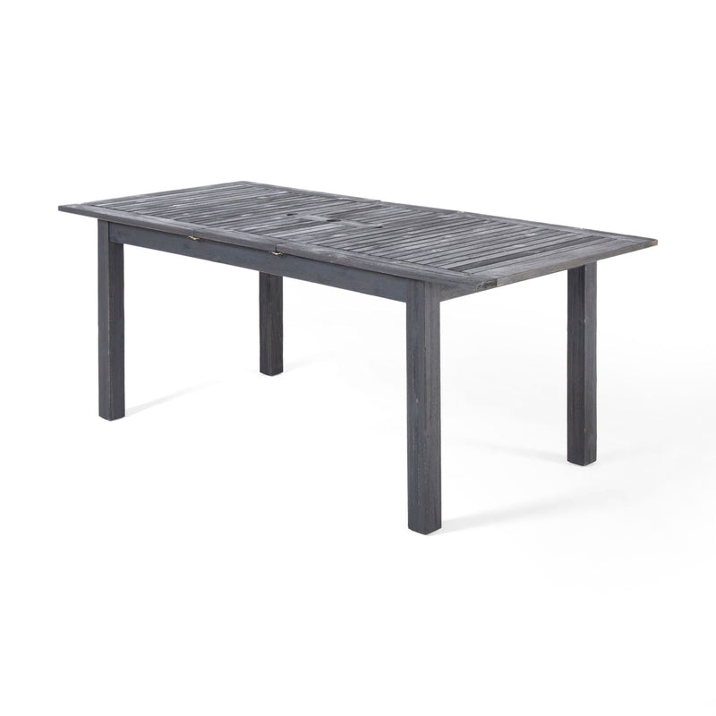 Outdoor expandable dining table by Noble House with square legs, featuring a sleek design and a spacious surface for outdoor meals.