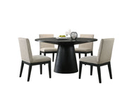 Lilola Home Jasper wide contemporary round dining table set with four matching chairs in a modern 5-piece dining room set.