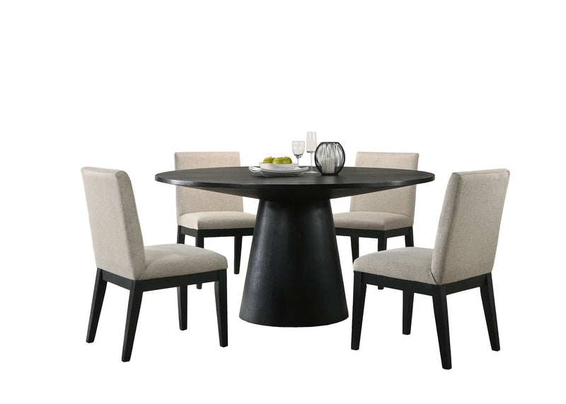 Lilola Home Jasper wide contemporary round dining table set with four matching chairs in a modern 5-piece dining room set.