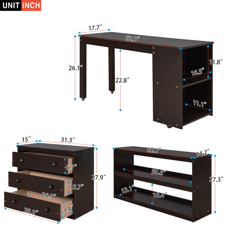 DreamHaus loft low study bed with built-in cabinet, shelves, and rolling desk, offering multifunctional space-saving furniture.