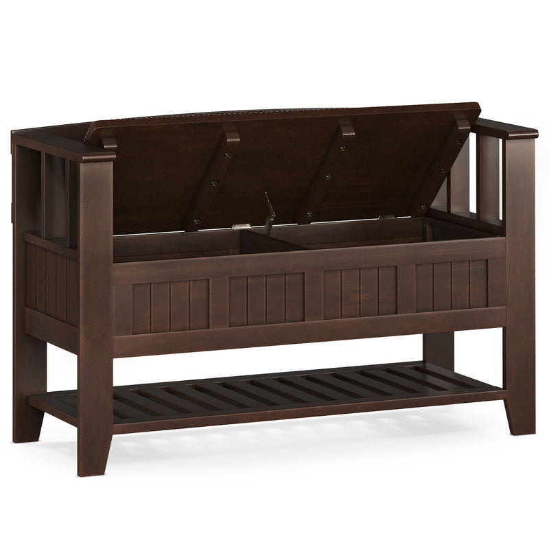 Simpli-Home Acadian entryway storage bench with brown finish and shelf, featuring cushioned seat and functional storage space.