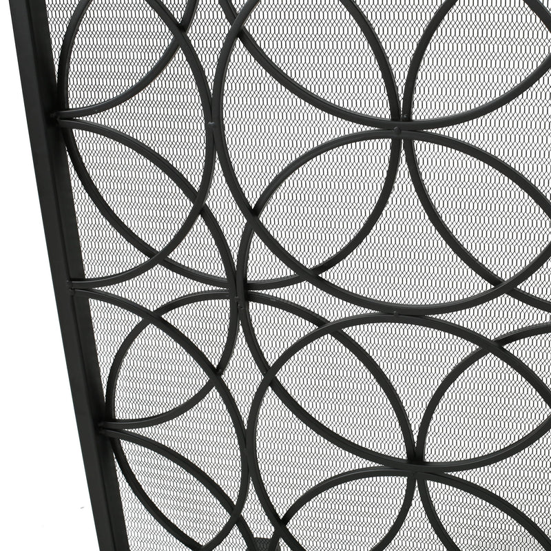 Noble House Thayer single panel iron fireplace screen with geometric design and black finish, protecting fireplace opening.