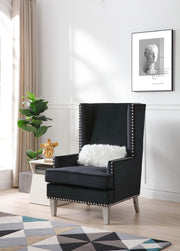 Elegant traditional accent arm chair from Glory Furniture with ornate wooden details and plush fabric upholstery.