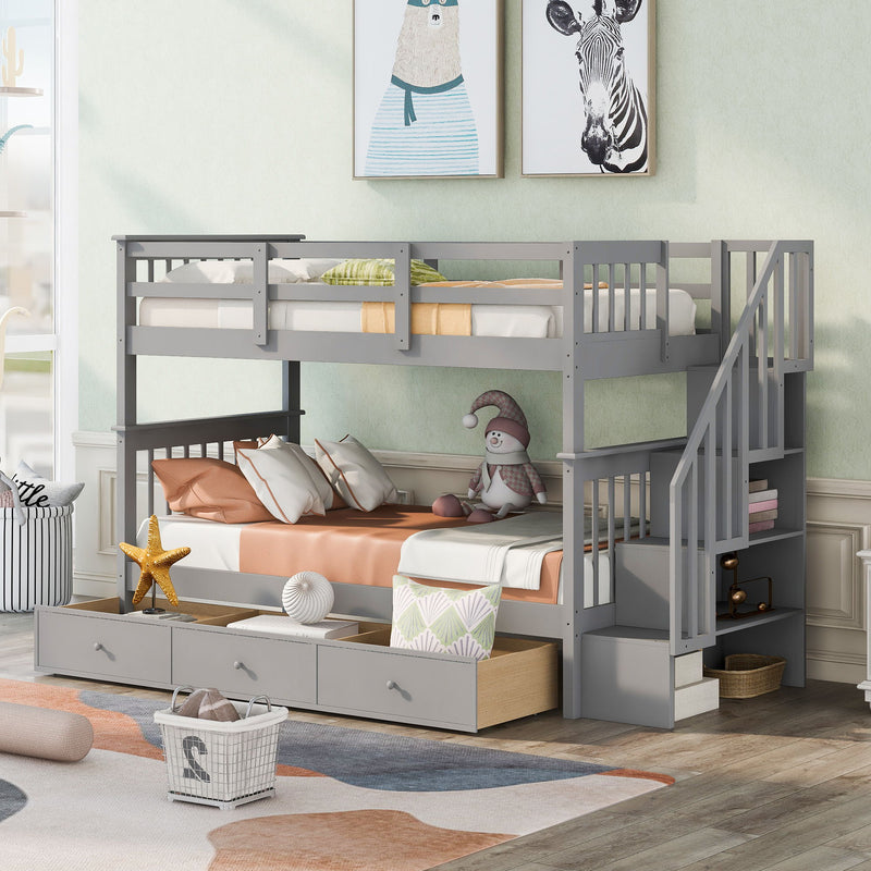 DreamHaus stairway bunk bed with built-in storage drawers and safety guard rail for bedroom use, featuring sturdy wood construction.