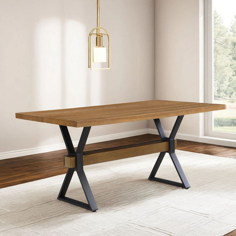 Brown farmhouse style dining table with X-shaped legs and moulded details by Noble House, showcasing a sturdy wooden construction.