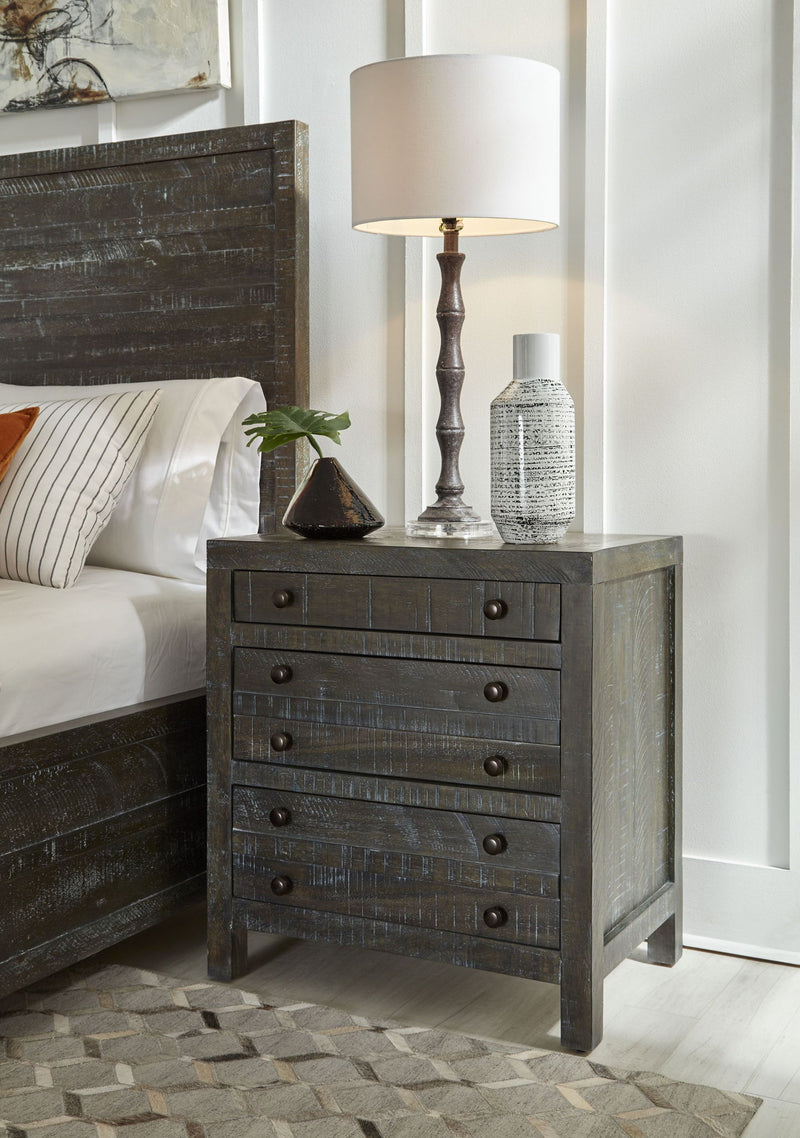 Modus Townsend solid wood three-drawer nightstand in gunmetal finish, featuring sleek hardware and a contemporary design.