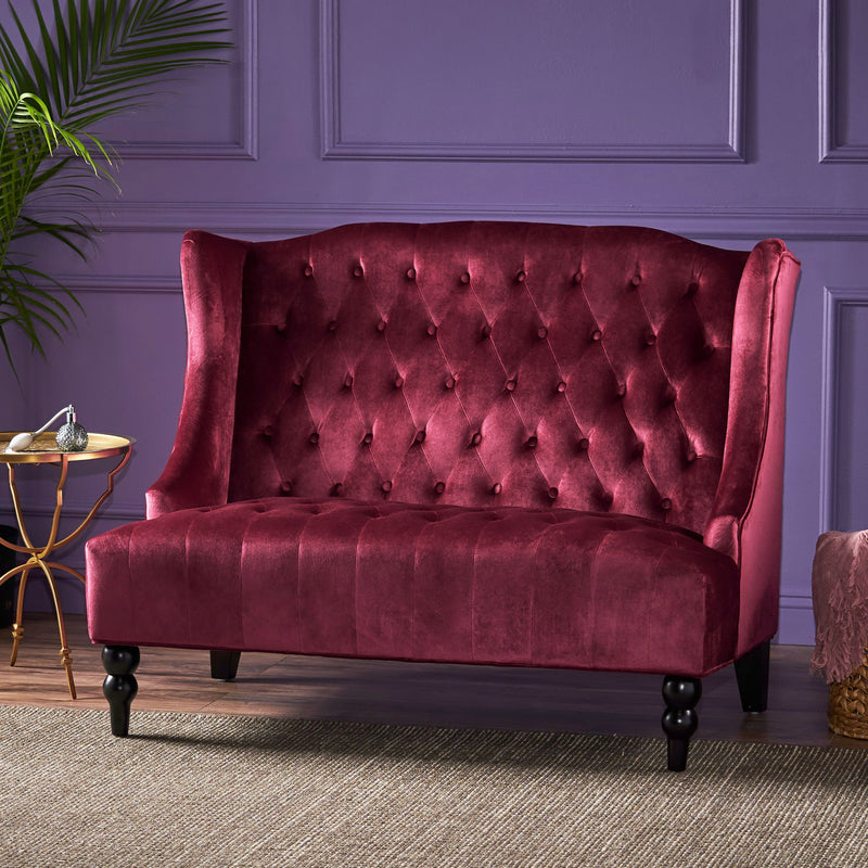 Noble House upholstered loveseat with wingback design, diamond tufting, and plush seating for a stylish, stationary living room accent.