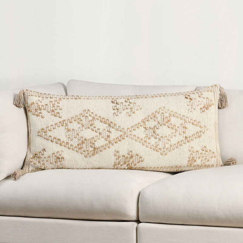 Ivory and natural Farm accent pillow by Classic Home featuring a textured fabric and farmhouse-inspired design.
