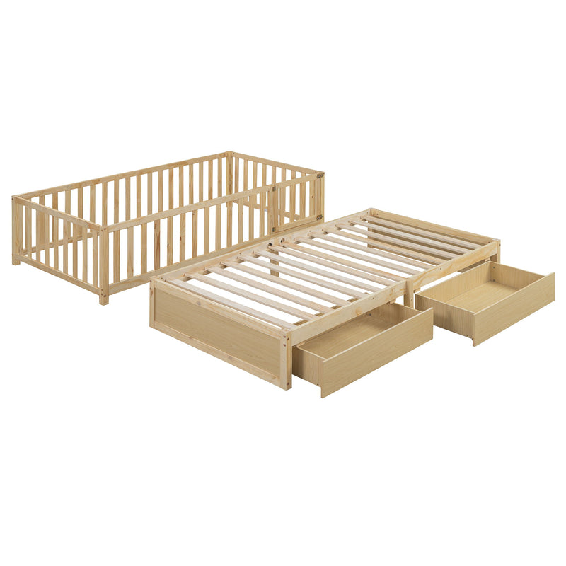 DreamHaus storage daybed with fence guardrails and two drawers, split into independent floor bed and daybed for versatile use.