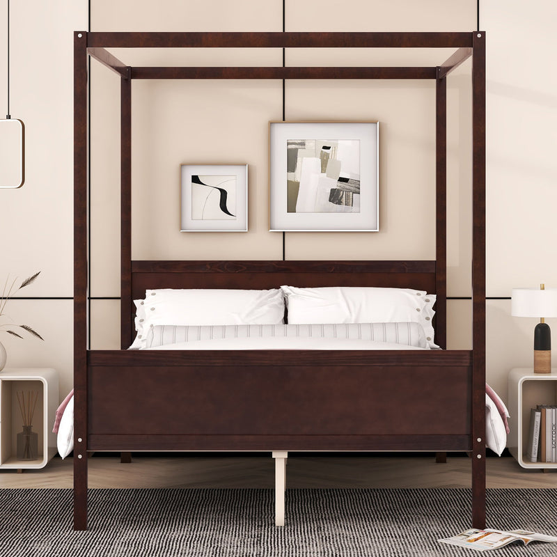 DreamHaus canopy platform bed with headboard, footboard, and slat support legs, showcasing its sturdy frame and elegant design.