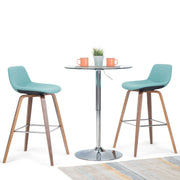 Pair of Simpli-Home Randolph Bentwood counter and bar height stools with wooden seats and metal legs, set of 2.