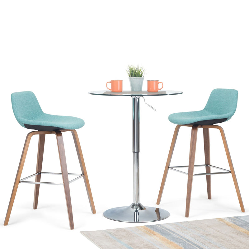 Pair of Simpli-Home Randolph Bentwood counter and bar height stools with wooden seats and metal legs, set of 2.