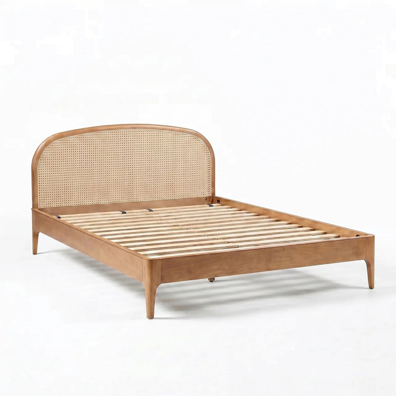 TOV Furniture Mico Rattan Panel Bed with natural woven rattan headboard and sturdy wooden frame in a modern bedroom setting