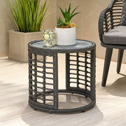 Achill - Outdoor Modern Boho Wicker Side Table With Glass Top - Gray - R&R Furniture Gallery (Fountain Valley, CA)