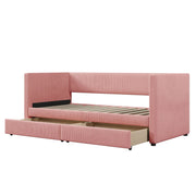 Halcyon Home storage daybed with two drawers and wood slat design, showcasing its sturdy frame and spacious storage drawers.
