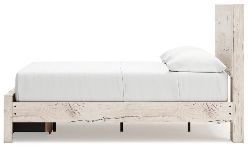 Signature Design by Ashley Lawroy panel storage bed with built-in compartments and a modern wood finish in a bedroom setting.