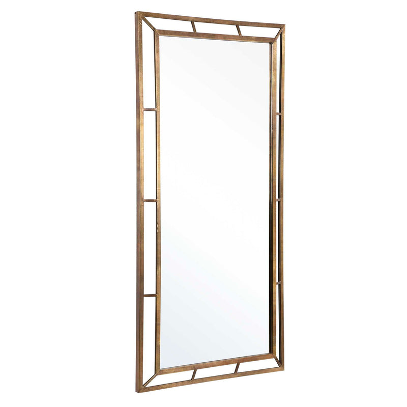 Farrow Copper Industrial Wall Mirror by Uttermost with a round gold metal frame and reflective glass surface.