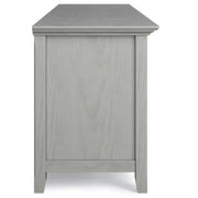 Simpli-Home Amherst wide TV media stand with open shelves and storage compartments, crafted in a modern wood finish.