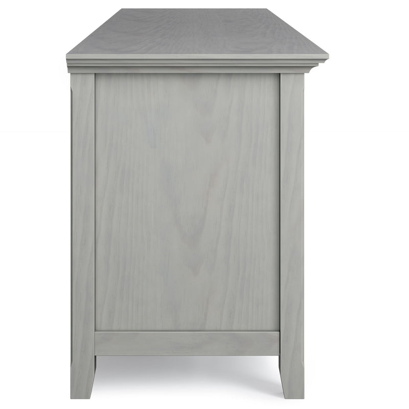 Simpli-Home Amherst wide TV media stand with open shelves and storage compartments, crafted in a modern wood finish.