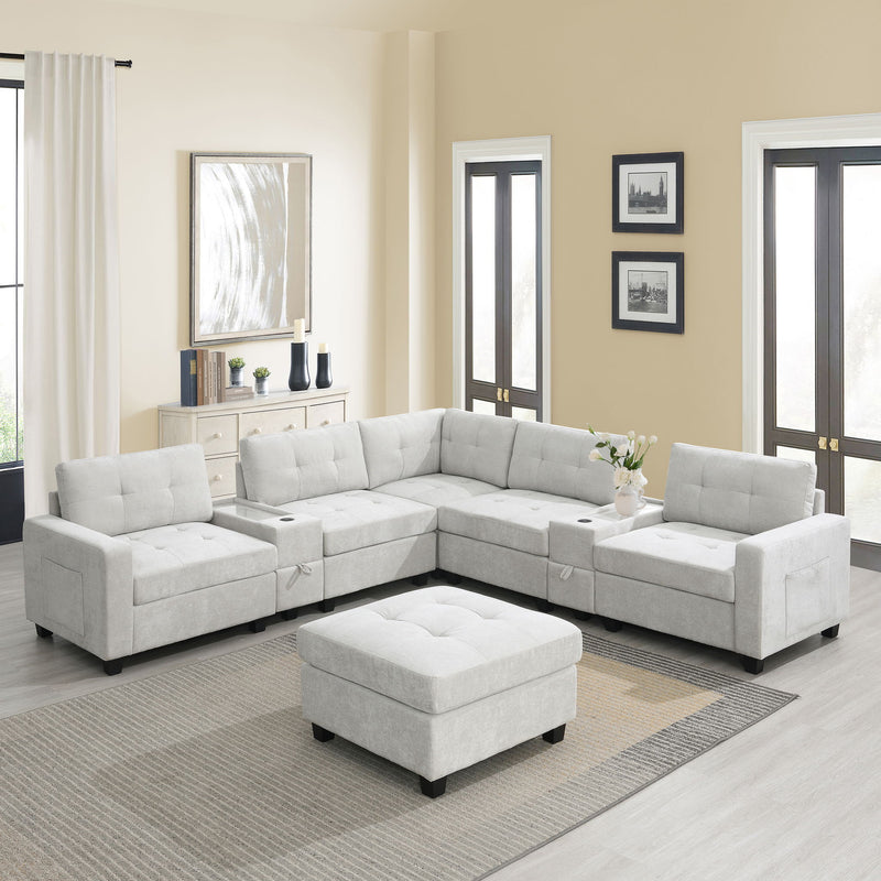 Sectional With Acrylic Table Top U Shaped Couch Set With 2 Consoles USB Charger, Storage Drawers And Pockets Movable Ottoman Tufted Sofa - R&R Furniture Gallery (Fountain Valley, CA)